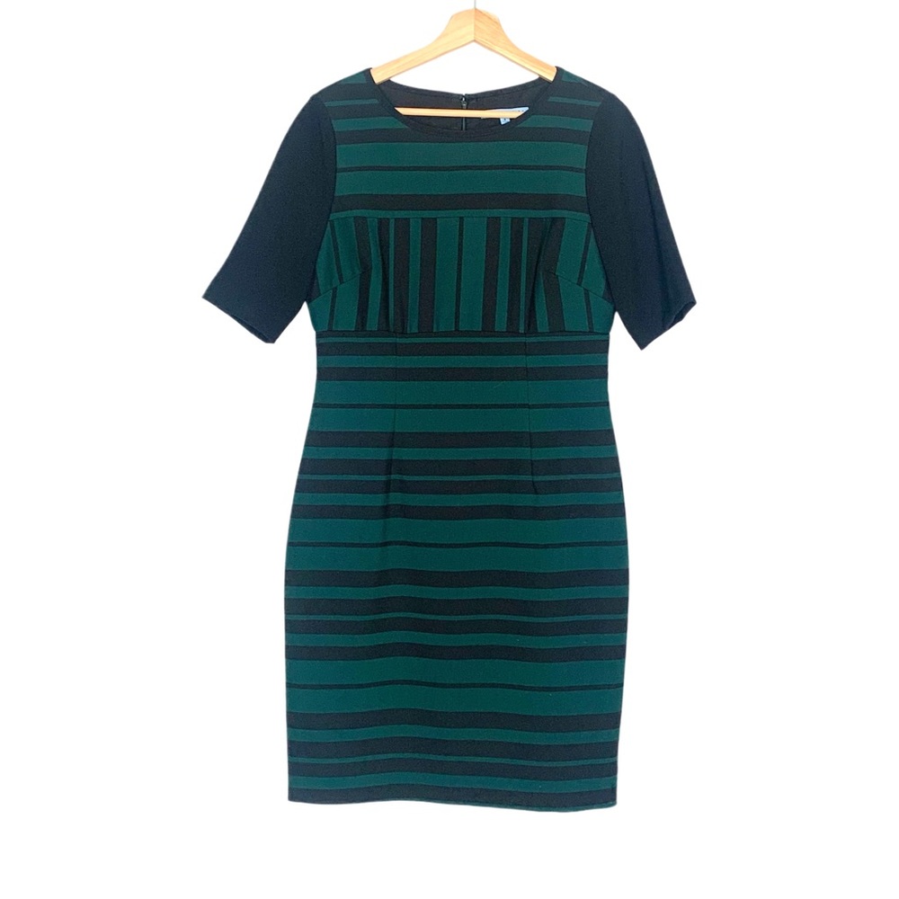 ANTONIO MELANI Dress Green and Black Striped Shift Dress Short Sleeve Size 8